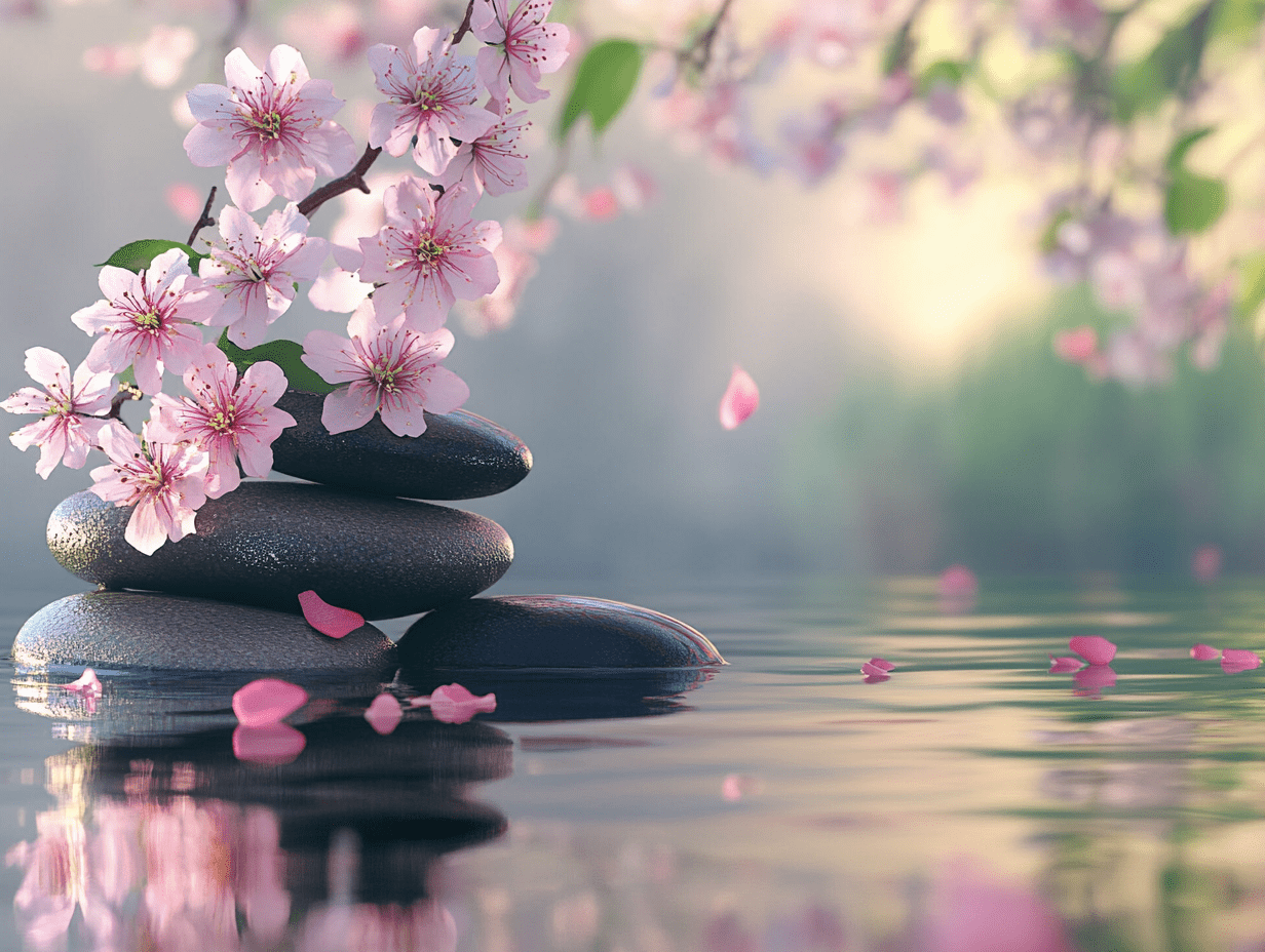 Delicate cherry blossoms above stacked stones reflecting in tranquil water, symbolizing peace and calm.