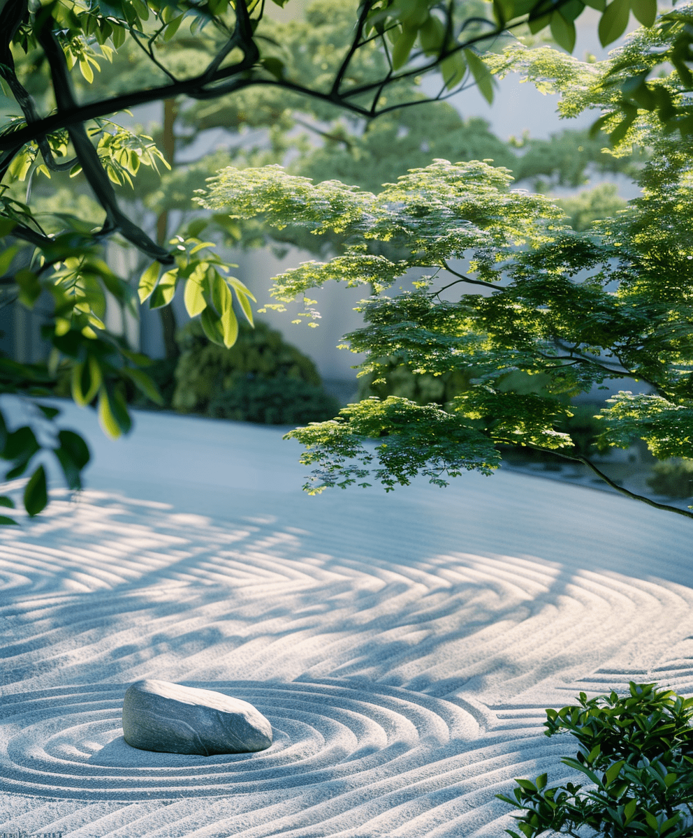 Serene zen garden featuring raked sand patterns, a stone, and lush green foliage.