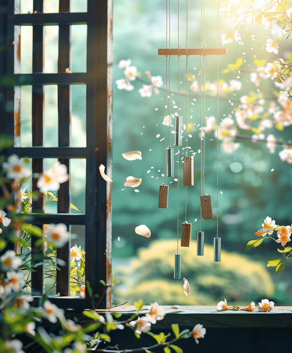 Wind chimes hanging in a serene garden, surrounded by blooming flowers, evoking tranquility and sound.