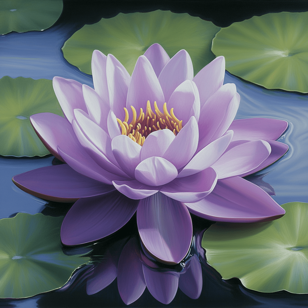 A beautiful purple water lily surrounded by green lily pads, reflecting peacefully on a calm pond surface.