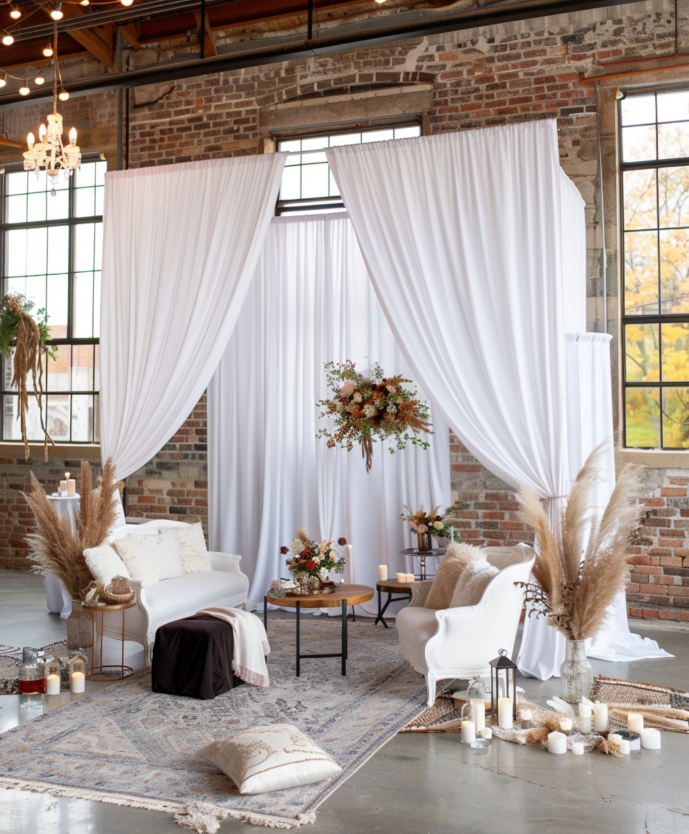 Cozy art therapy space with white drapes, floral arrangement, seating, and candles for relaxation.