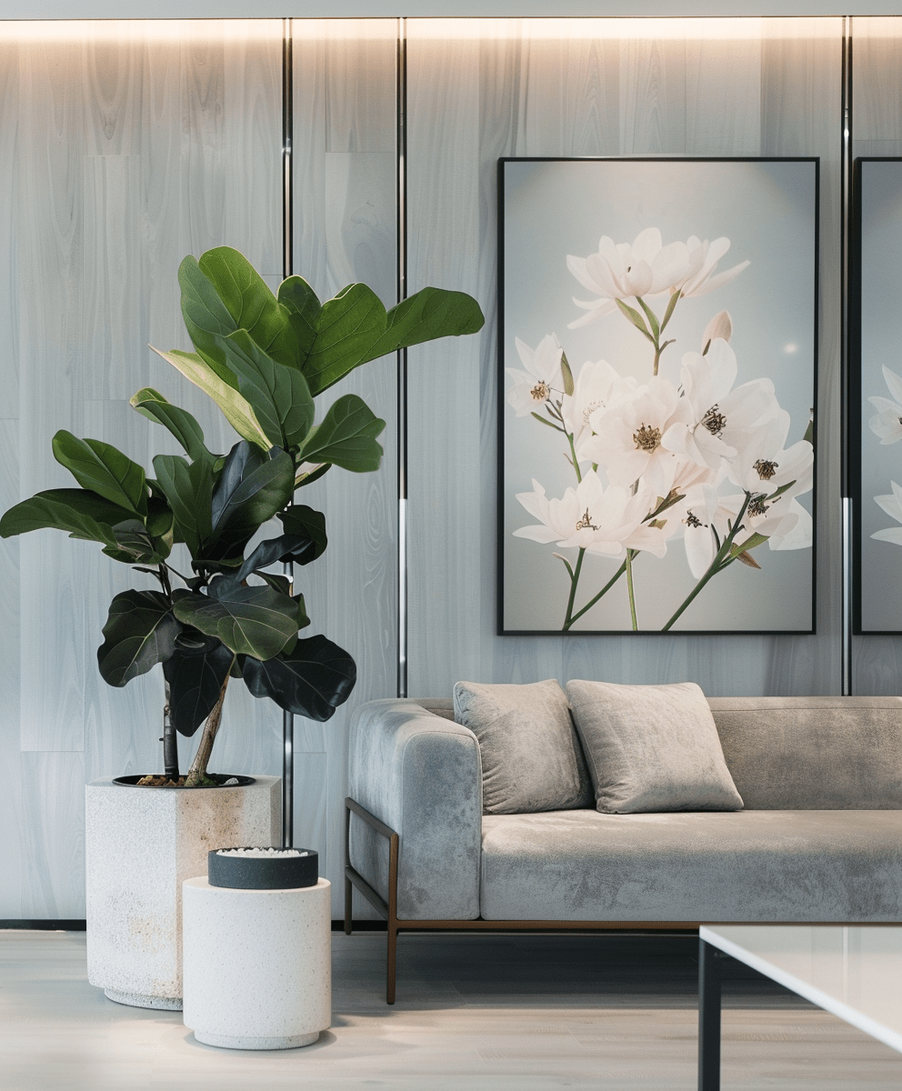 Stylish boutique hotel lounge featuring a plush sofa, decorative plant, and serene floral artwork.
