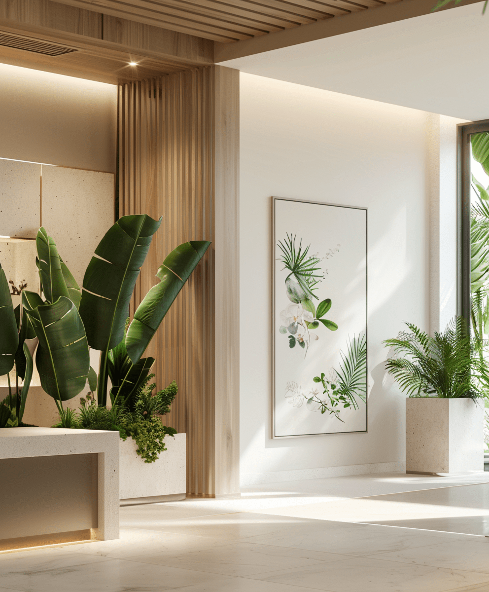 Modern spa interior with greenery, natural light, and soothing color palette for a calming atmosphere.