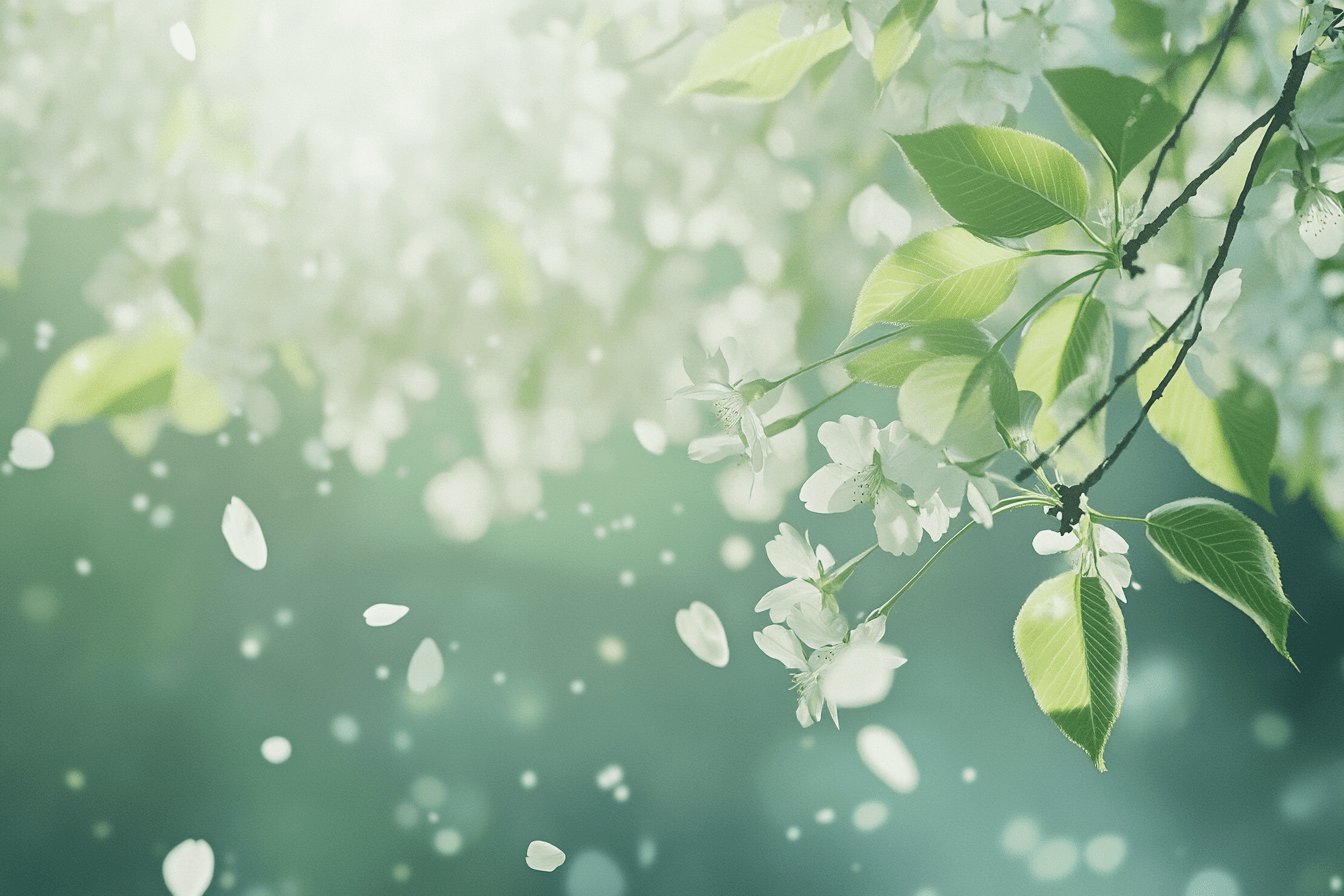 Close-up of green leaves and delicate white flowers with soft white petals falling, creating a serene atmosphere.